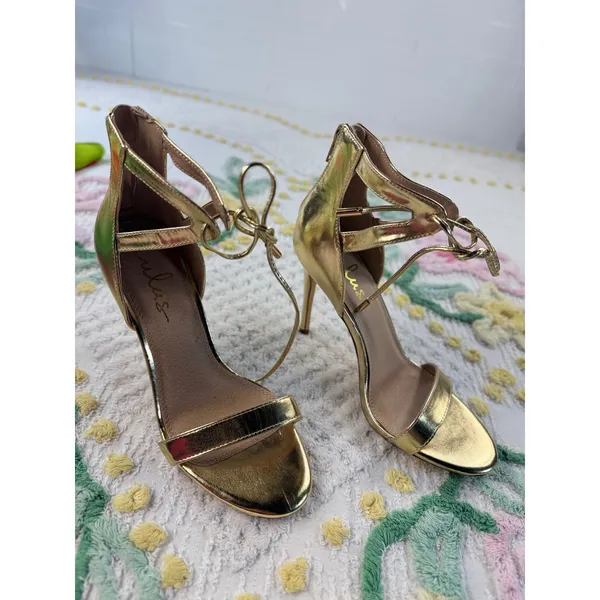 Lulus Gold Metallic Lace Up‎ Caged Stiletto Heels Sandals Size 7 - Image 7