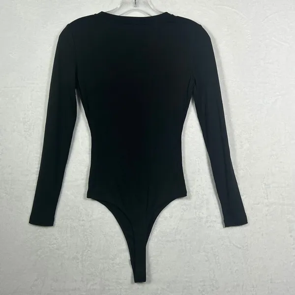 Elodie Womens Ribbed Long Sleeve Thong‎ Bodysuit Black Crew Neck XS CTSR1309 - Image 2
