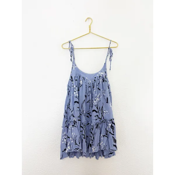 Free People Blue Floral Babydoll Mini Dress Tunic Size XS Tie Strap Boho Cottage - Image 4