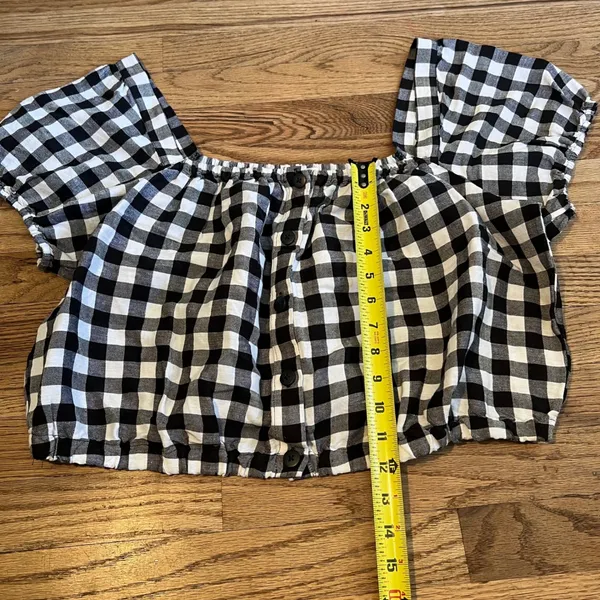 Madewell Puff Sleeve Button Front Crop Top Gingham Linen‎ Blend Black White XL - Image 6