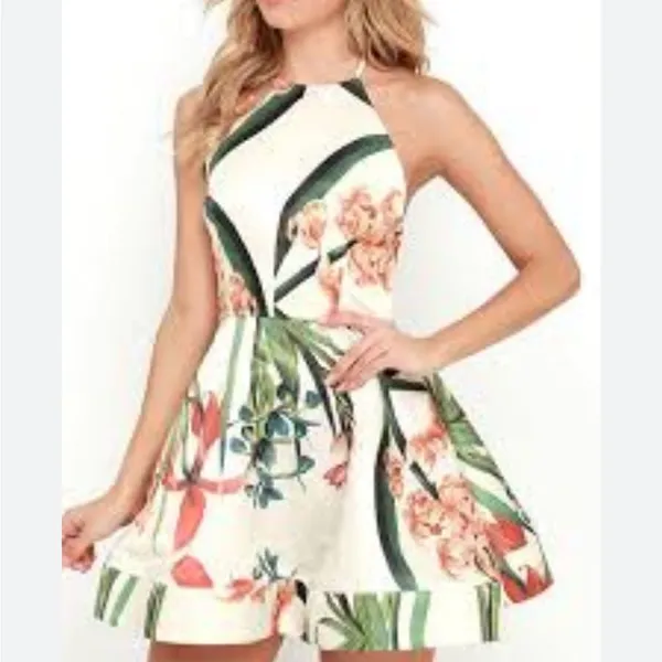 Lulu’’s Sunny Centerpiece Cream Floral Fit and Flare Satin Mini Dress S - Image 2