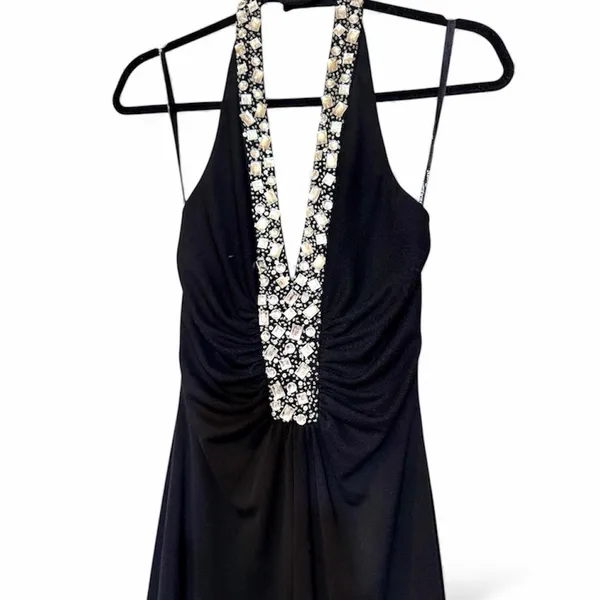 Morgan & Co Y2K Black Embellished Halter Dress with Cinched Gathered Vneck Sz XS - Image 2