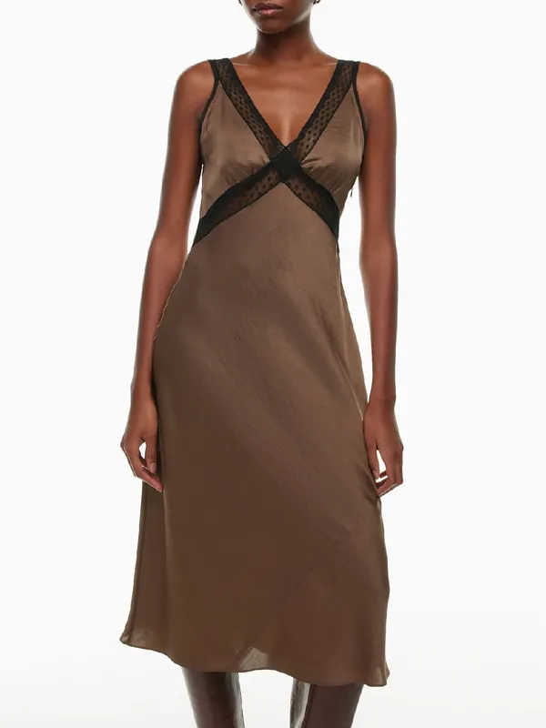 House Of Harlow 1960 Brown Satin Maxi Dress With Black Lace Trim size Large $198 - Image 2
