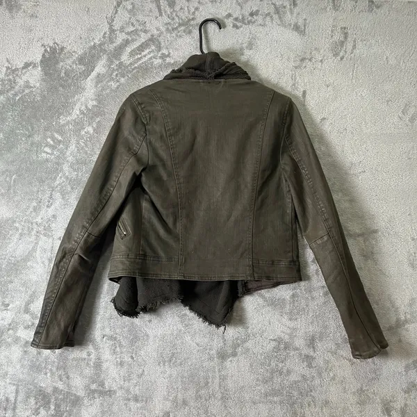 Free People Draped Scarf Collar Faux Leather Jacket Boho Grunge Biker 2‎ Green - Image 3