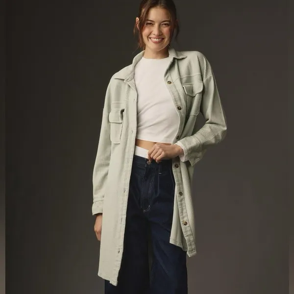 Anthropologie Pilcro Light Sage Button Front Ribbed Duster Shacket Size Small - Image 2