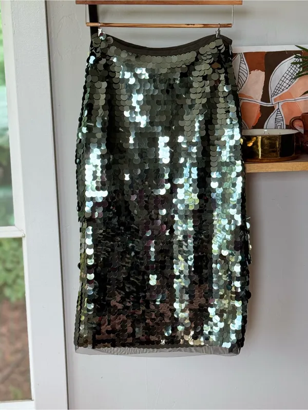 Scoop Olive Green Large Sequin Stretch Low Rise Midi Skirt Size Small NWT - Image 4