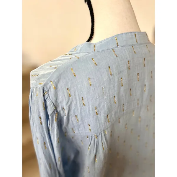 Roller Rabbit Cotton Light Blue Metallic Gold Dot Popover Long Sleeve Blouse - Image 3
