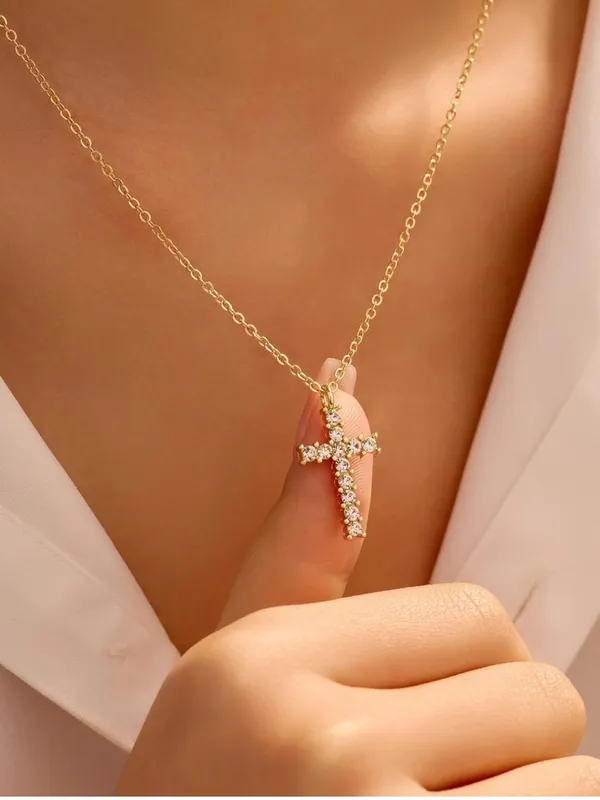Gold Alloy Crystal Cross Pendant Necklace Cable Chain Lobster Clasp 15.75" Adj - Image 9