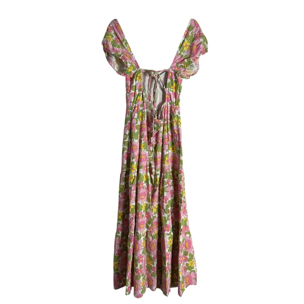 Show Me Your MuMu Cathy Pink Retro Floral Sweetheart Tie Back Puff Maxi Dress M - Image 16
