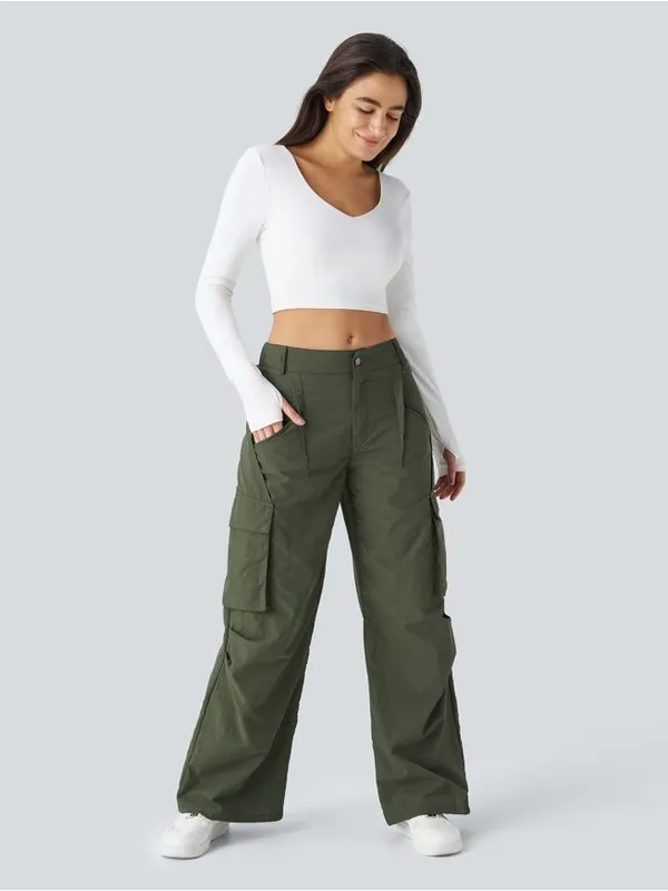 Halara 01HAL.- Mid Rise Button Zipper Side Pocket Wide Leg Baggy Casual Cargo Pants. - Image 7