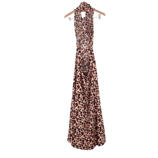 Shein Leopard Print Halter Maxi Dress Brown Tan Open Back Sleeveless Medium - Image 5