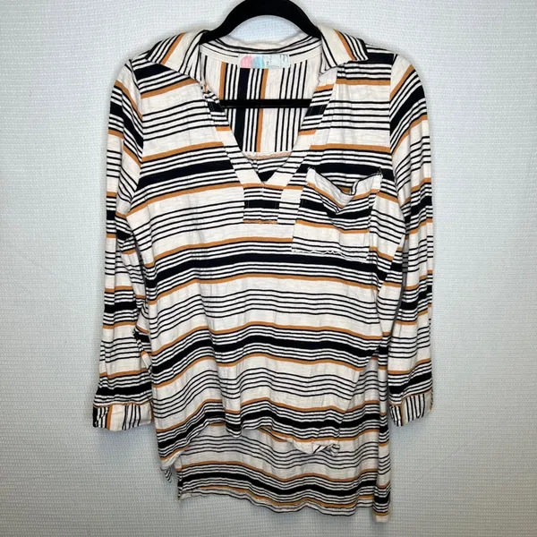 Free People Beach Womens XS Striped V-Neck Collared Tunic Top Black Yellow White - Image 2