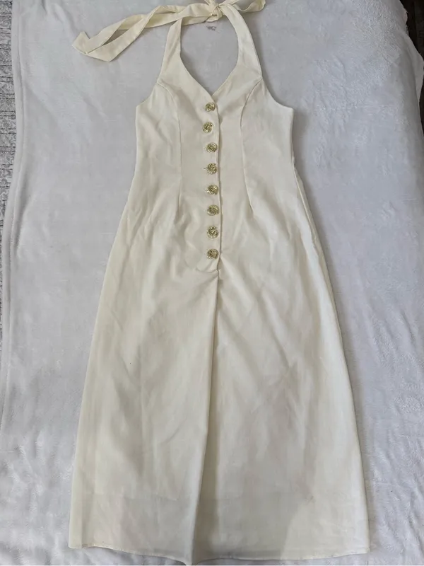 SHEIN Cream Halter Midi Dress Gold Button Detail Open Back Size M NWOT - Image 4