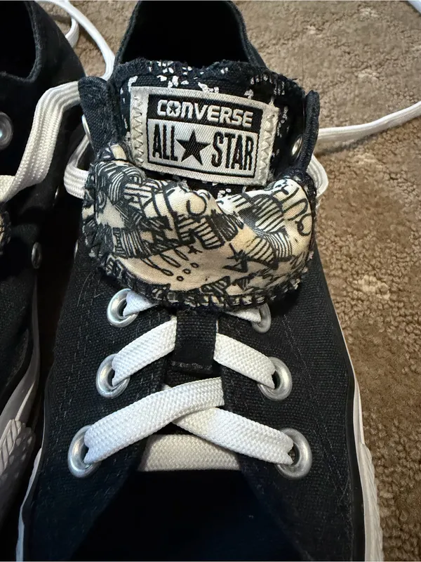 Converse Women’s Black & White Low Top Sneakers with Patterned Tongue - Image 4