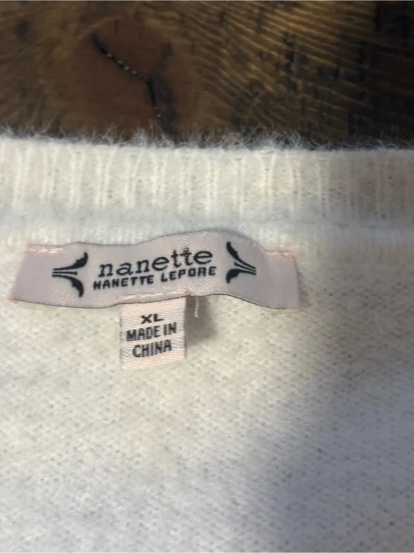 Nanette Lepore Cream Fuzzy Cardigan Sweater Gold Chain Trim‎ Tweed Vibez XL⁠ - Image 10