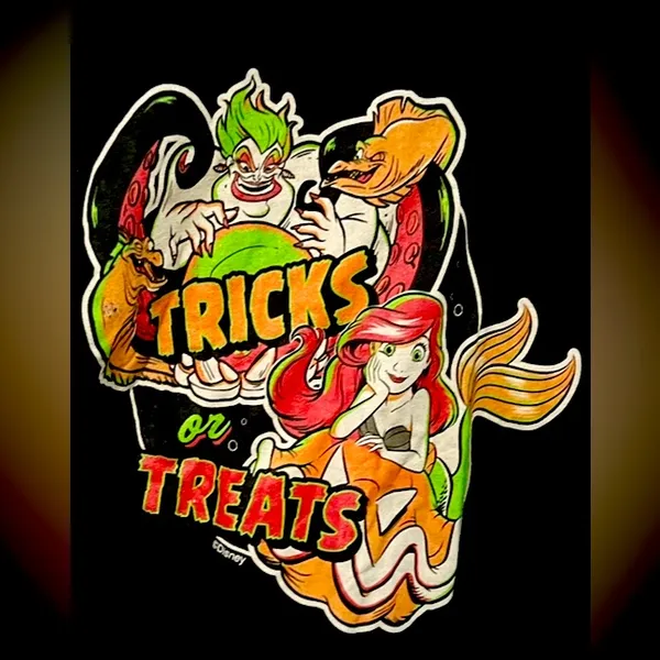 Disney Black Ursula & Ariel Trick or Treat T-Shirt Colorful Halloween Design - Image 2