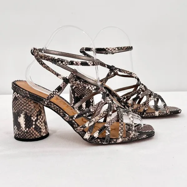 Sam Edelman Daffodil Taupe Snakeprint Ankle Wrap Block Heel Strappy Sandals Sz 9 - Image 2