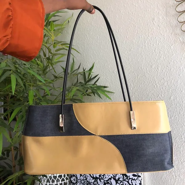 90s/2000s Y2K Vintage Office Siren patchwork checkered rectangular boxy shoulder hand bag purse cream tan beige navy blue denim silver accents. #whimsygoth #fairycore #classic #western boho country gothic - Image 2