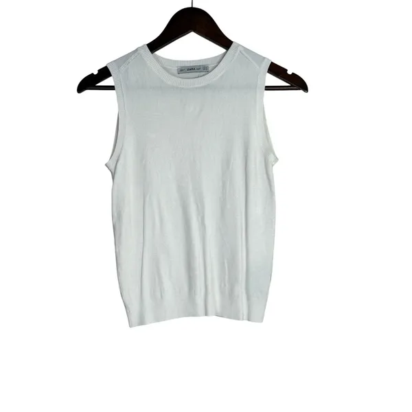 Zara Ribbed Hem Soft Knit Sleeveless Crew Neck Stretch Tank Top Small White - Image 12