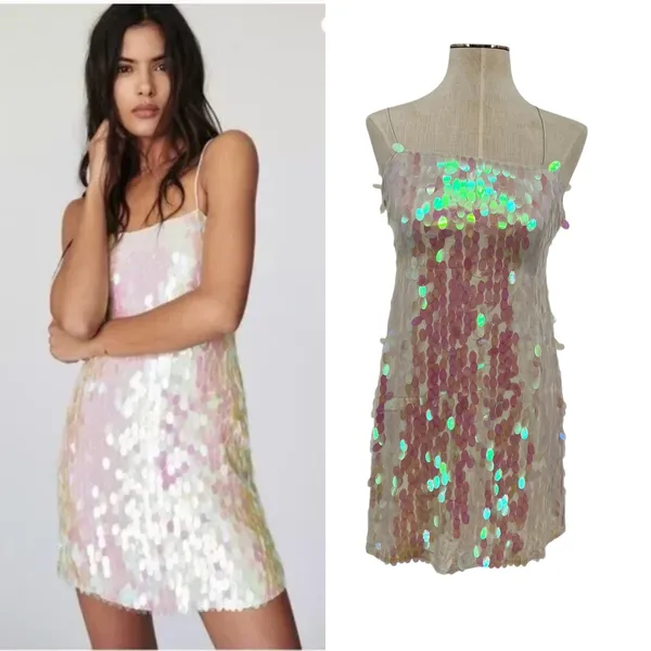 Free People Mermaid‎ Mini Dress Sequin Iridescent Cream White Pink Size 2 - Image 2