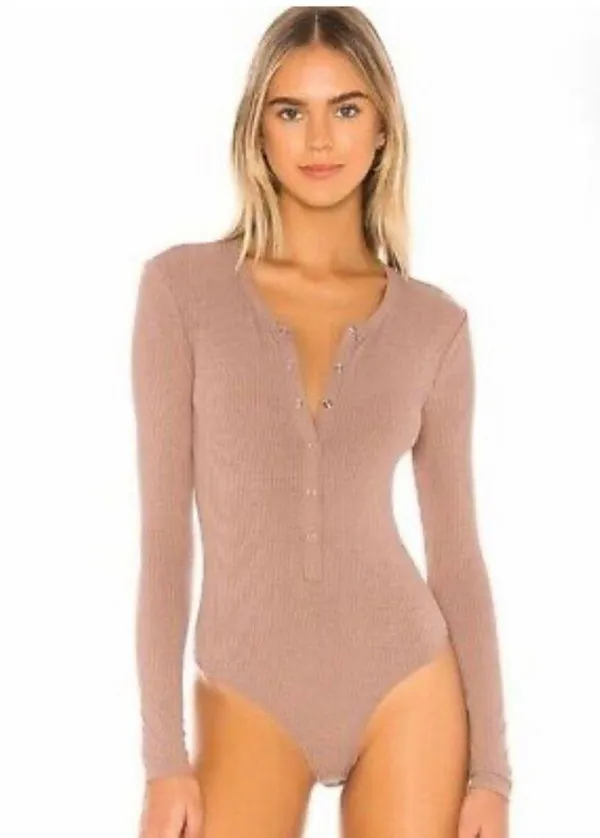 Privacy Please Bodysuit Tan Ribbed Long Sleeve Snap Front Top - Image 12