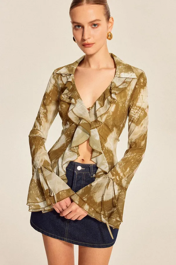 Commense Women's Large Brown Ruffled Modern Vintage-Infused Bell Sleeved Blouse - Image 3