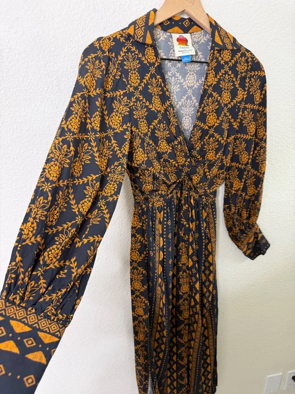 Farm Rio Long-Sleeve‎ V-Neck Printed Tie Front Midi Dress Womens Size XXS - Image 6