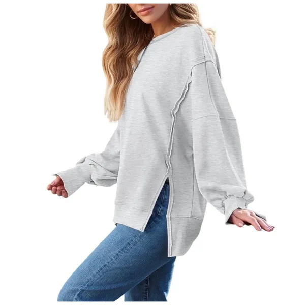 Trendy Queen‎ Oversized Gray Sweatshirt Womens Medium Side Slit Boho Raw Seam - Image 2