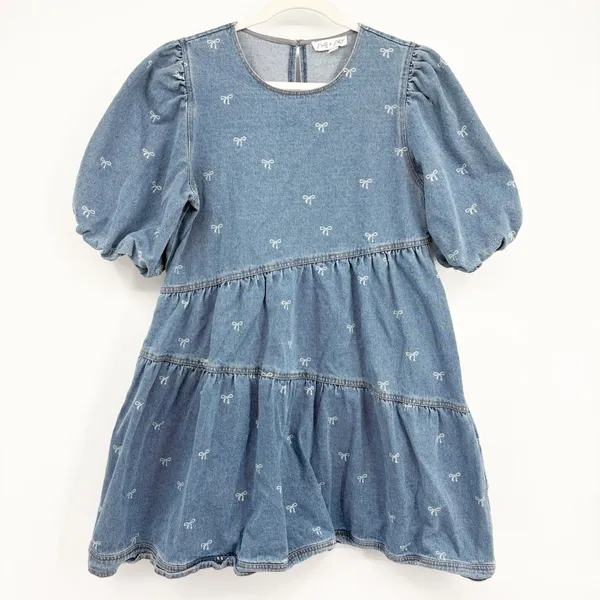 She + Sky Womens Bow Print Tiered Puff Sleeve Babydoll Denim Mini‎ Dress Size M - Image 3