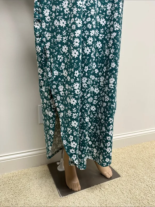 Green Floral Maxi Dress with White Daisy Floral Print Pockets size 2XL - Image 4