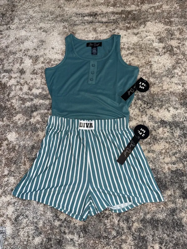 Diva Teal Ribbed Tank & Striped Shorts Set Green - Image 2