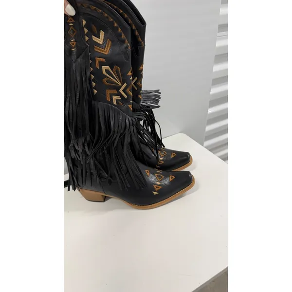 Women's Black Western Fringe Cowboy Boots Embroidered Pointed Toe Block Heel 8.5 - Image 2