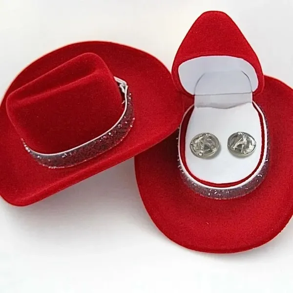 Western Horse Earrings Sterling Silver Plated in Red Velour Cowboy Hat Box NWOT - Image 4