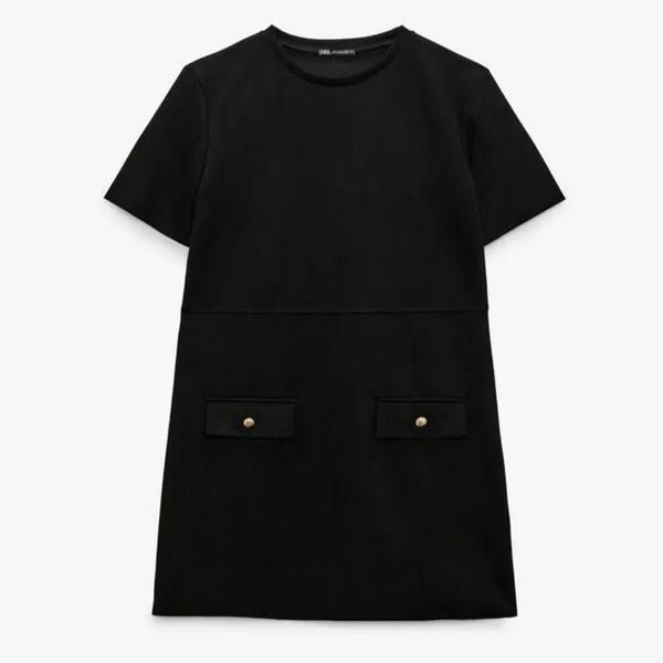 Zara Black Faux Suede Round Neck Short Sleeve Casual Mini T-Shirt Dress Size M - Image 12