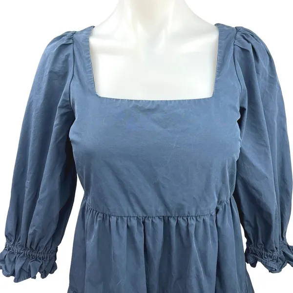 Madewell Lizzie Poplin Blue Puff Sleeve Square Neck Tiered Babydoll Mini Dress 0 - Image 10