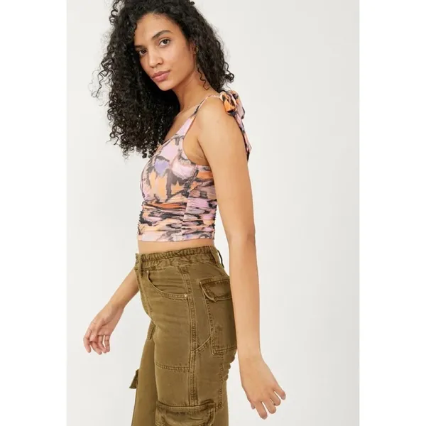 FREE PEOPLE‎ Avenue Tank Top Tie Shoulders Scoop Neck Pink Combo Retro Medium - Image 4