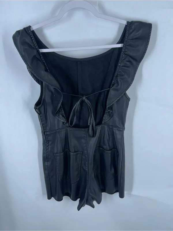 Free People Simone Vegan Short Suit Black Faux Leather Romper XS - Image 4