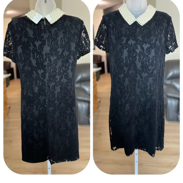 BETSEY JOHNSON Pearl Collar Elegant Black Lace Dress with White Pearl Collar - Image 3