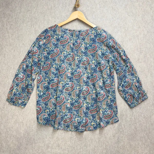 Lauren Ralph Lauren Blue Paisley Henley Blouse XL‎ 3/4 Sleeve Cotton Viscose Top - Image 5