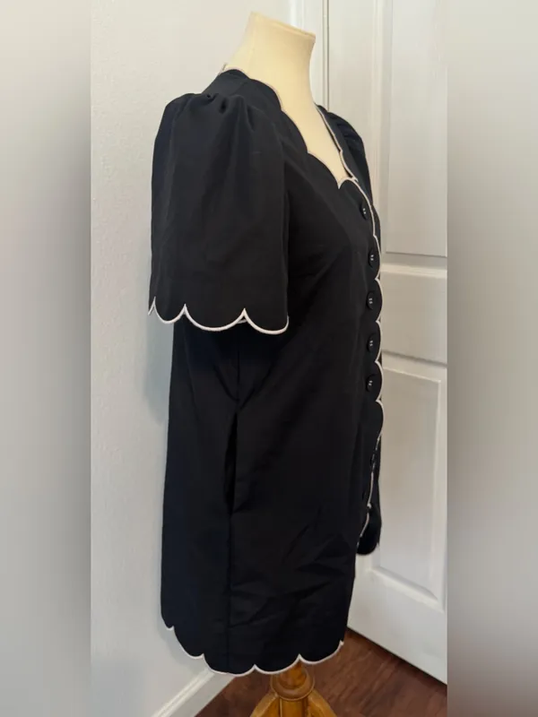 Entro Scallop Edge Dress Retro Cut Pockets Button Front Puff Sleeve Med *READ* - Image 5