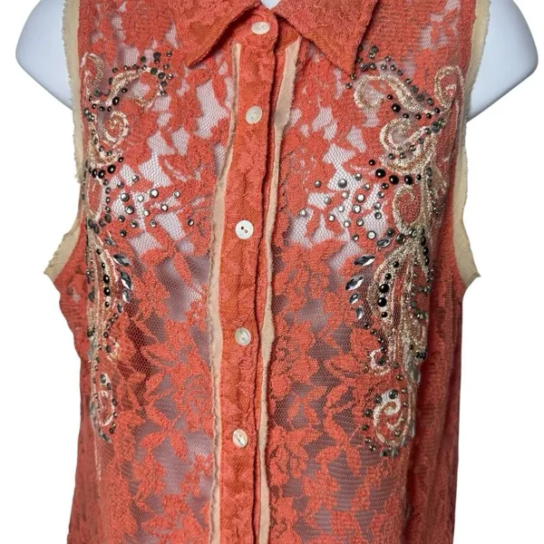 Y2K Miss Me Boho‎ Rhinestone Lace Button up Blouse Cottagecore Rodeo Country L - Image 4