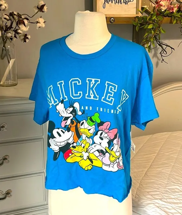 Mickey And Friends Mickey Mouse Pluto Goofy Donald Duck Blue Crop Top Womens M - Image 3