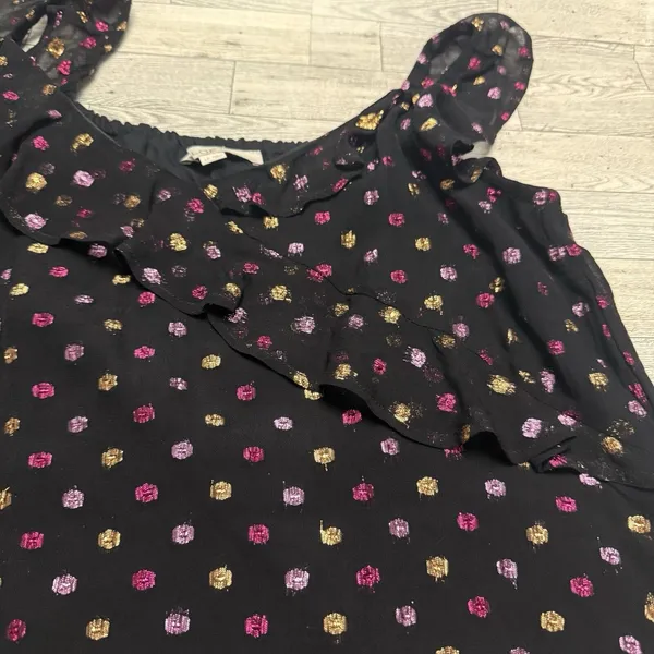 LOFT Shimmer Metallic Polka Dot Ruffle Sleeveless Top Women’s Size‎ Petite Large - Image 3