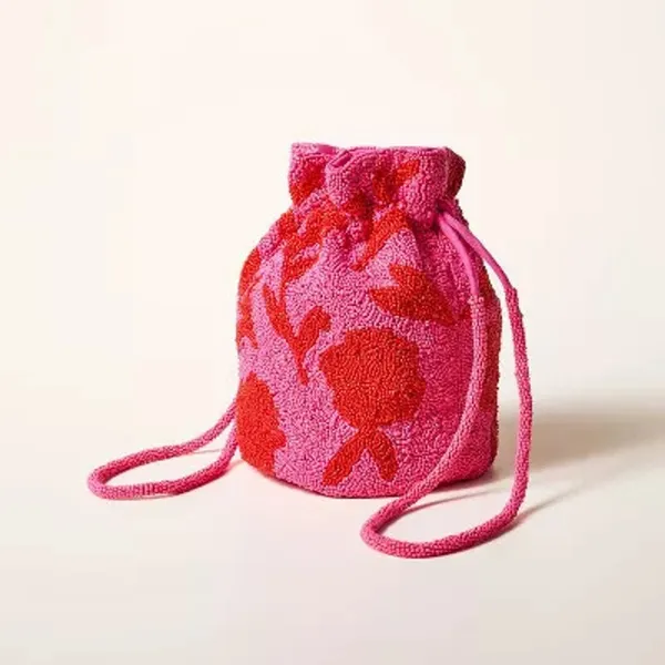 NWT Kate Spade x Target Beaded Floral Bucket‎ Bag Pink/Red Drawstring - Image 3