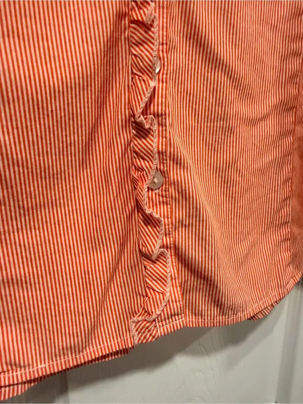 L.L. Bean Size 1X Pink Stripe Ruffle Front Lightweight Cotton Button Down Shirt - Image 7