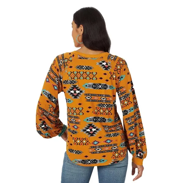 Wrangler Retro Boho Aztec Southwest Balloon Sleeve Top • Ochre Mustard Small - Image 2