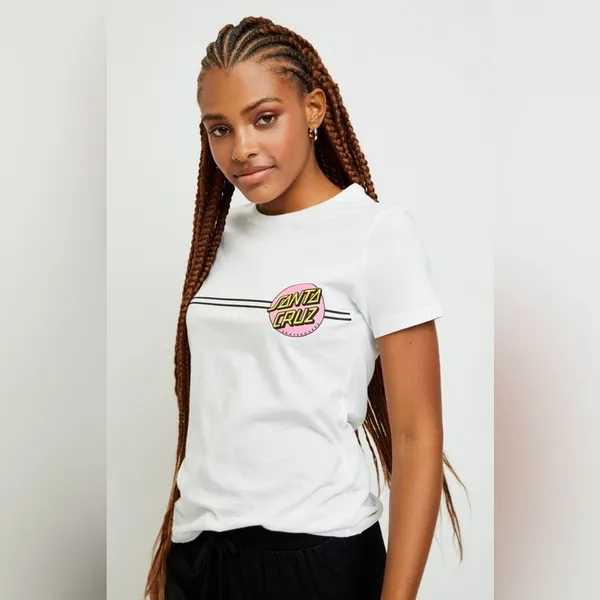 PacSun Santa Cruz T-Shirt Womens‎ Medium White Classic Dot Graphic Logo Skate Crewneck - Image 5