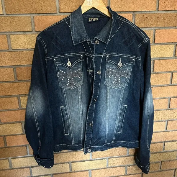 Ethyl Vintage Jean Denim Jacket Women’s Size 1X Gemstone Bedazzled Cross Y2K - Image 2
