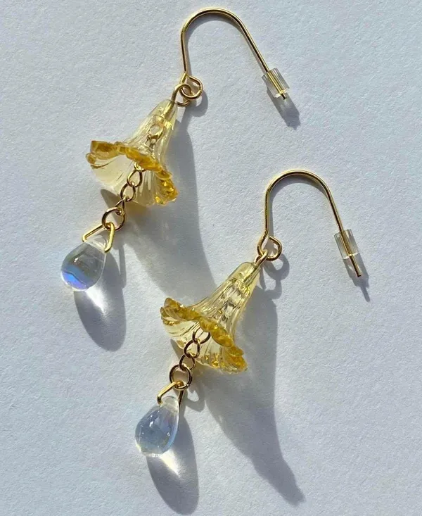 Handmade quality Czech glass beads & German acrylic flower beads cute fairy cottage style dangle earrings💐🩵 - Image 2