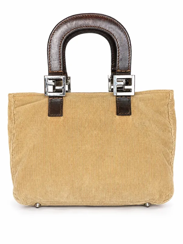 FENDI Corduroy Tote Bag with Dark Brown Leather Handles Vintage - Image 10